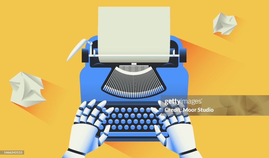 Robot typing on a typewriter illustration