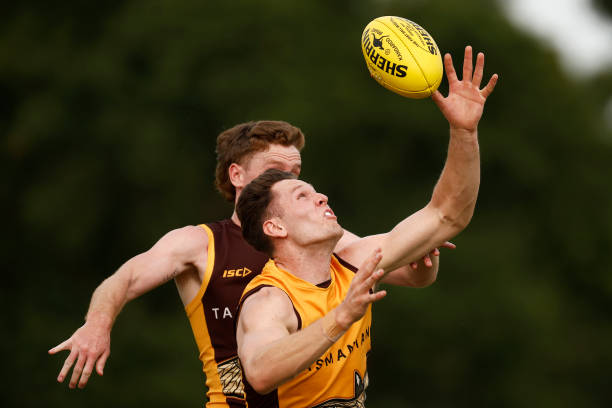 Jacob Koschitzke of the Hawks attempts to mark the ball against Denver Grainger-Barras of the Hawks during the Hawthorn Hawks AFL intra club match at...