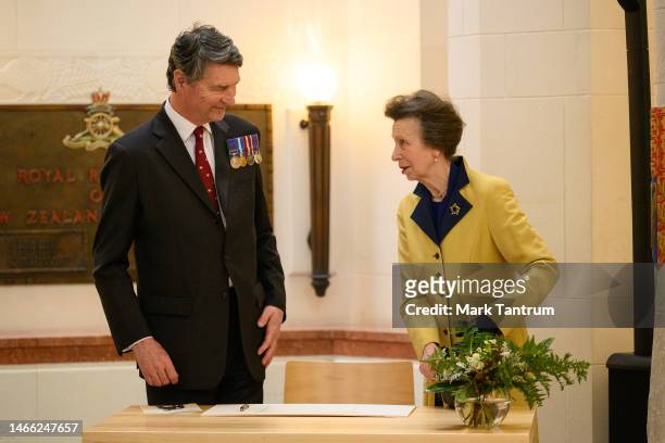 Vice Admiral Timothy Laurence and Princess Anne, Princess Royal speak after the Service of Remembrance on February 15, 2023 at Pukeahu National War...