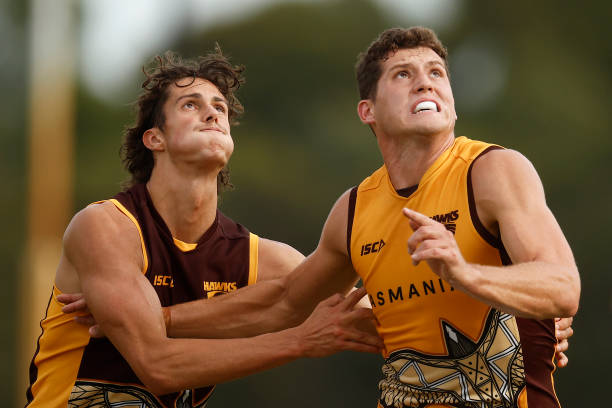 Max Ramsden of the Hawks and Lloyd Meek of the Hawks contest the ruck during the Hawthorn Hawks AFL intra club match at La Trobe University on...