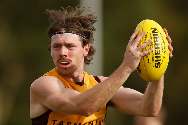 Lachlan Bramble of the Hawks marks the ball during the Hawthorn Hawks AFL intra club match at La Trobe University on February 15, 2023 in Melbourne,...