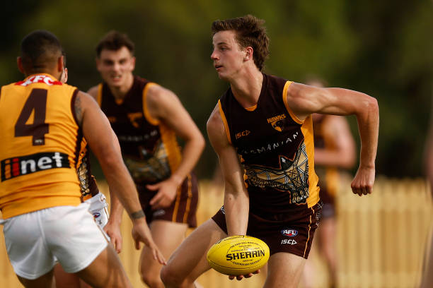 Henry Hustwaite of the Hawks handballs during the Hawthorn Hawks AFL intra club match at La Trobe University on February 15, 2023 in Melbourne,...