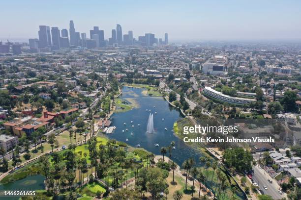 aerial view of echo park lake in los angeles on cloudy day - downtown los angeles aerial stock pictures, royalty-free photos & images