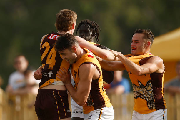 Players wrestle after a marking contest between Connor Macdonald of the Hawks and Denver Grainger-Barras of the Hawks during the Hawthorn Hawks AFL...