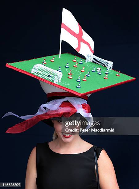 Racegoer Melissa Shedon wears a football themed hat at Royal Ascot on Ladies Day on June 21, 2012 in Ascot, England. Ladies Day is traditionally the...