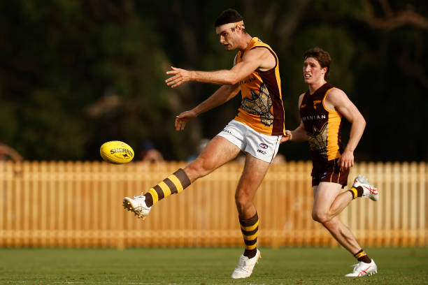 Ned Reeves of the Hawks kicks the ball during the Hawthorn Hawks AFL intra club match at La Trobe University on February 15, 2023 in Melbourne,...