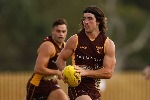 Jai Newcombe of the Hawks looks to pass the ball during the Hawthorn Hawks AFL intra club match at La Trobe University on February 15, 2023 in...