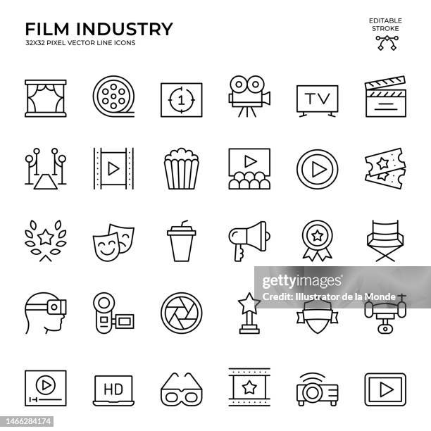 ilustrações, clipart, desenhos animados e ícones de conjunto de ícones vetoriais de traçado editável da indústria cinematográfica - film camera