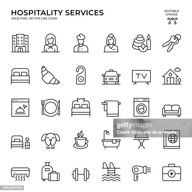 editable stroke vector icon set of hospitality services - hotel interior signage stock illustrations
