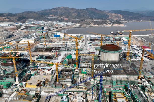 Aerial view of the construction site of the Zhejiang San'ao nuclear power plant on February 15, 2023 in Cangnan County, Wenzhou City, Zhejiang...