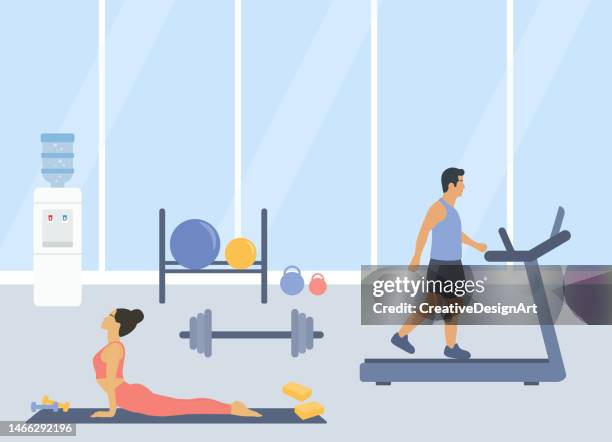 stockillustraties, clipart, cartoons en iconen met gym interior with man walking on treadmill and young woman practising yoga. healthy lifestyle concept with pilates balls, barbell, and treadmill - treadmill