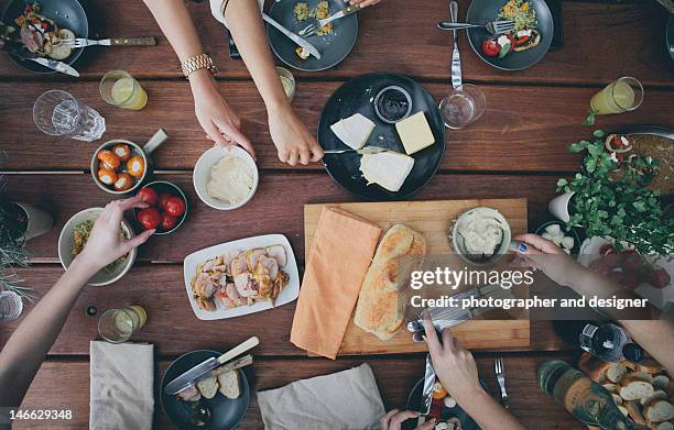 gathering with friends - above food stock pictures, royalty-free photos & images