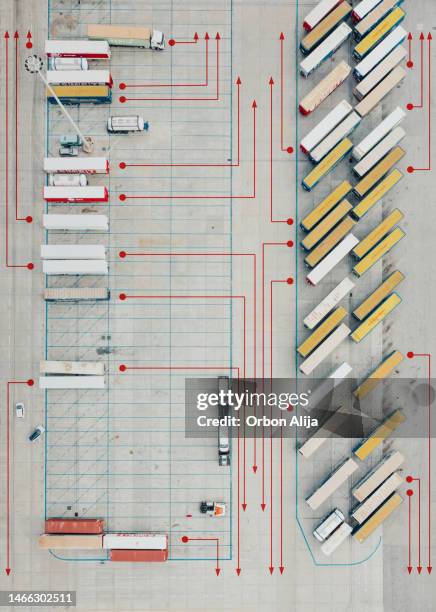 drone view of a distribution warehouse  with arrows - big data storage stock pictures, royalty-free photos & images