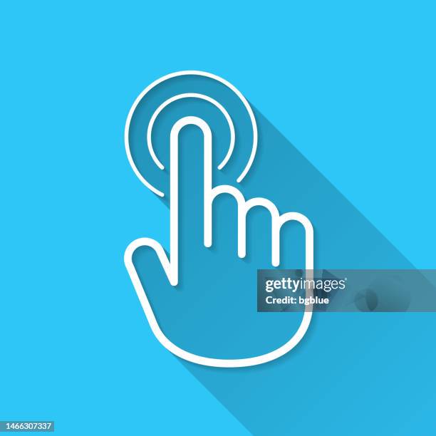 hand touch - click. icon on blue background - flat design with long shadow - mouse coloured background stock illustrations