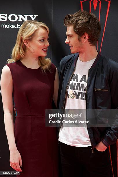 Actress Emma Stone and actor Andrew Garfield attend "The Amazing Spider-Man" photocall at Villamagna Hotel on June 21, 2012 in Madrid, Spain.