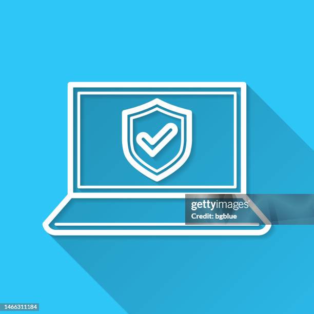 secure laptop. icon on blue background - flat design with long shadow - behind computer screen stock illustrations