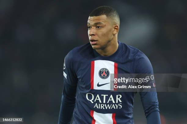 Kylian Mbappe of Paris Saint-Germain reacts during the UEFA Champions League round of 16 leg one match between Paris Saint-Germain and FC Bayern...