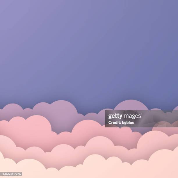 rosa himmel mit couds - papierschnitthintergrund - trendiges 3d-design - wolken stock-grafiken, -clipart, -cartoons und -symbole