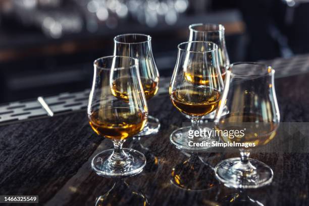 drinking glasses with a cognac, rum, brandy or whiskey drink on a bar counter in night club. - cognac glass stock-fotos und bilder