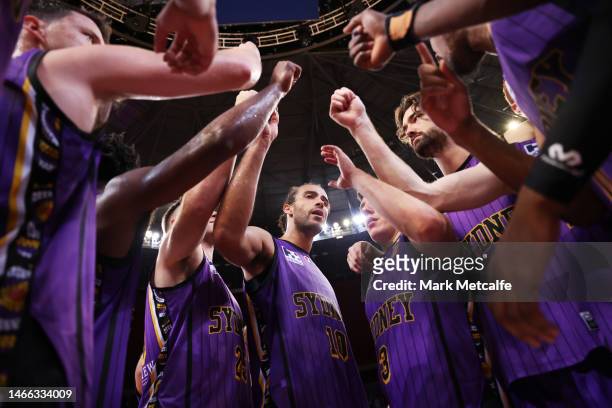 The Kings celebrate victory in game one of the NBL Semi Final series between Sydney Kings and Cairns Taipans at Qudos Bank Arena, on February 15 in...