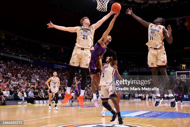 Xavier Cooks of the Kings wins a rebound during game one of the NBL Semi Final series between Sydney Kings and Cairns Taipans at Qudos Bank Arena, on...