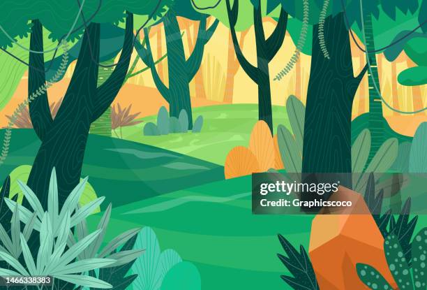 bildbanksillustrationer, clip art samt tecknat material och ikoner med landscape of beautiful rainforest with trees and rock on hill - fantasi