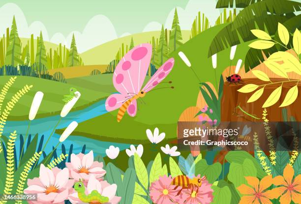 group of animals in the forest - dragonfly stock illustrations