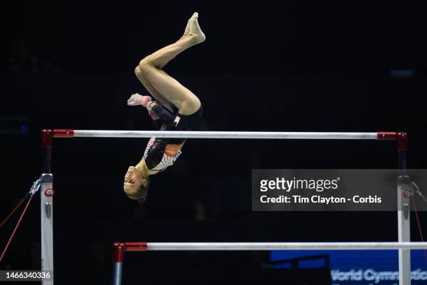 October 30: Naomi Visser of The Netherlands performs her uneven bars routine during Women's qualifications at the World Gymnastics...
