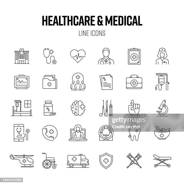 ilustraciones, imágenes clip art, dibujos animados e iconos de stock de conjunto de iconos de líneas médicas y de atención médica. hospital, médico, emergencia, medicina, cirugía - visita