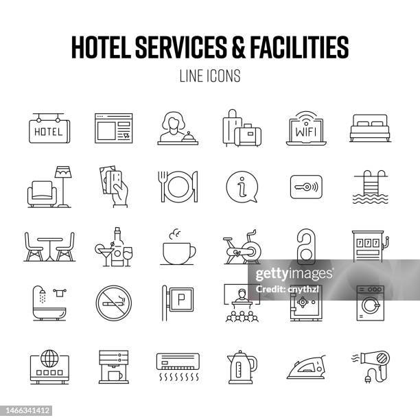 hotel services and facilities line icon set. reception, online booking, casino, king suit, free wifi, room service, breakfast. - motel stock illustrations