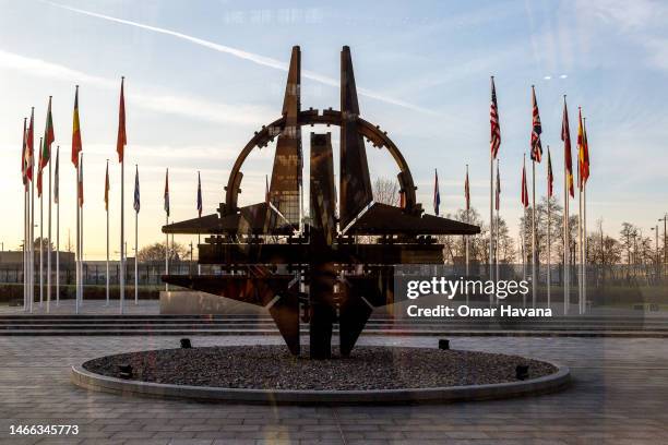 General view of the NATO star at the entrance to NATO headquarters before the start of the second meeting of North Atlantic Council defence ministers...