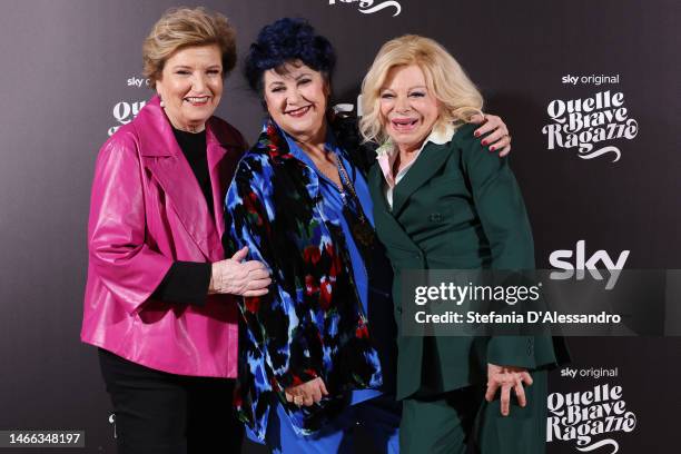 Mara Maionchi, Marisa Laurito and Sandra Milo attend the "Quelle Brave Ragazze" photocall at Grand Hotel Et De Milan on February 15, 2023 in Milan,...