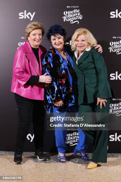 Mara Maionchi, Marisa Laurito and Sandra Milo attend the "Quelle Brave Ragazze" photocall at Grand Hotel Et De Milan on February 15, 2023 in Milan,...