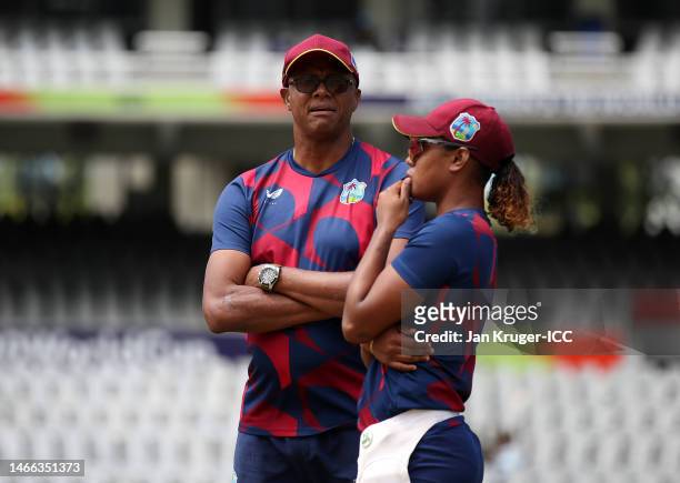 Courtney Walsh, Head Coach of West Indies looks on alongside Hayley Matthews of West Indies ahead of the ICC Women's T20 World Cup group B match...