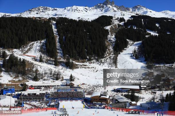 General view of the competition slope during Men's Parallel Slalom at the FIS Alpine World Ski Championships on February 15, 2023 in Meribel, France.