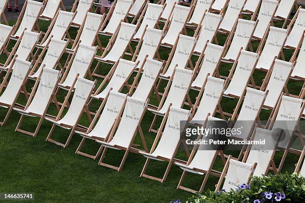 Branded deckchairs fill a corner near The Parade Ring at Royal Ascot on Ladies Day on June 21, 2012 in Ascot, England. Ladies Day is traditionally...