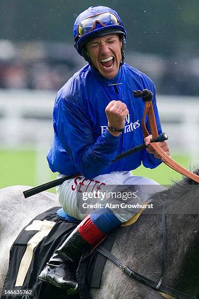 Frankie Dettori riding Colour Vision celebrates winning The Gold Cup during Ladies Day at Royal Ascot at Ascot racecourse on June 21, 2012 in Ascot,...