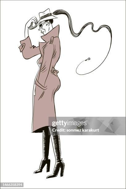 female spy wearing felt hat and coat - secret service agent stock illustrations