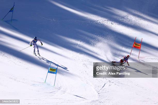 Alexander Schmid of Germany and Dominik Raschner of Austria compete in the big final of Men's Parallel Slalom at the FIS Alpine World Ski...