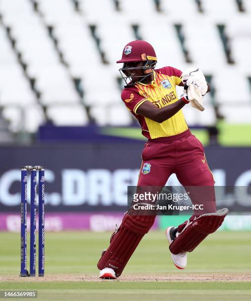 Stafanie Taylor of West Indies plays a shot during the ICC Women's T20 World Cup group B match between West Indies and India at Newlands Stadium on...