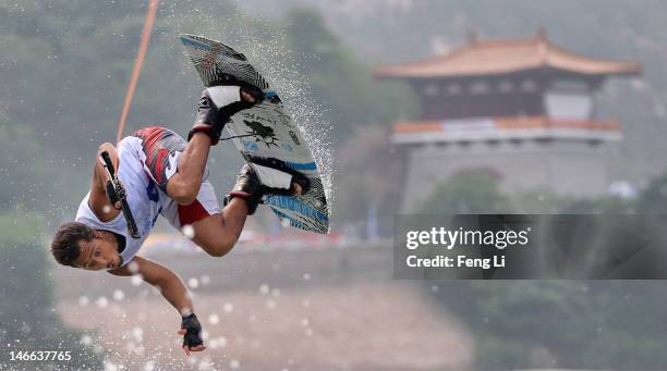 Bader A A J M Aljihayem of Independent Olympic Athletes competes in the Waterski Men's Wakeboard heat on Day 5 of the 3rd Asian Beach Games Haiyang...