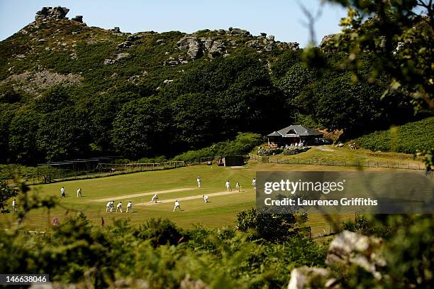 Cricketers from Lynton and Lynmouth Cricket Club play in the "Valley of The Rocks" on June 26, 2005 in Lynton and Lynmouth, England.