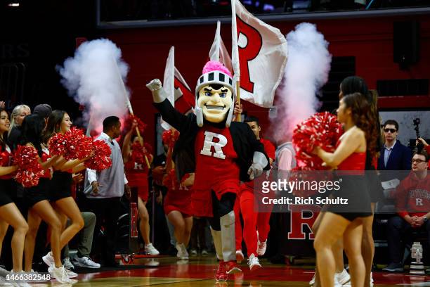 The Rutgers Scarlet Knights mascot before a game against the Nebraska Cornhuskers at Jersey Mike's Arena on February 14, 2023 in Piscataway, New...