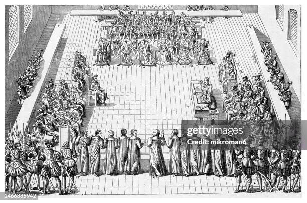 old engraved illustration of the colloquy at poissy was a religious conference which took place in poissy, france, in 1561 - its object was to effect a reconciliation between the catholics and protestants (huguenots) of france - yvelines stock pictures, royalty-free photos & images