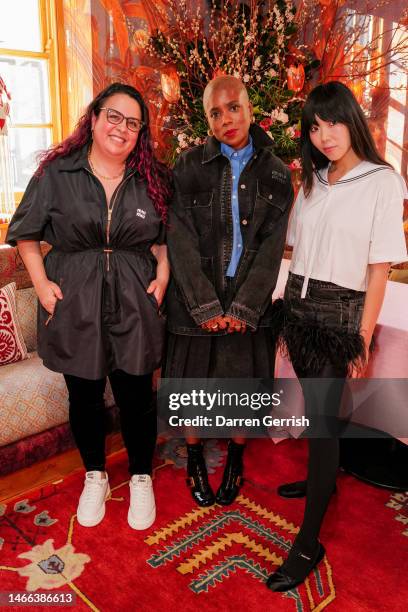 Sally El Hosaini, Janicza Bravo and Susanna Lau attend the Miu Miu Women's Tales Conversations on February 15, 2023 in London, England.