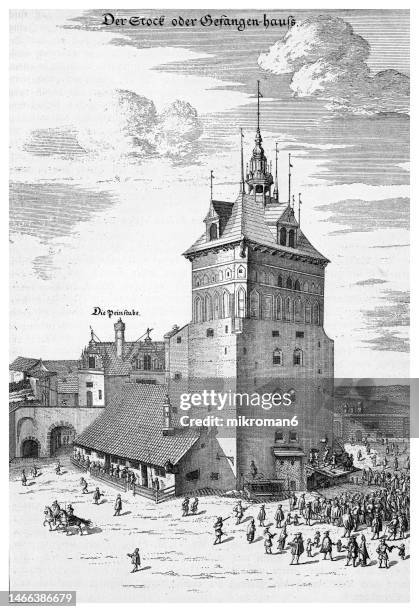 old engraved illustration of the prison tower (1687) - was built as an element of the medieval fortification of the main town of gdańsk - punishment of flogging - pomorskie province stock pictures, royalty-free photos & images