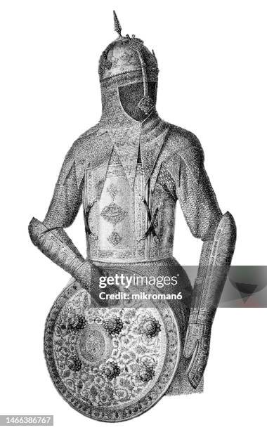old engraved illustration of persian armor from the first half of the 18th century - harnas stockfoto's en -beelden