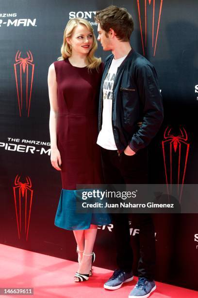 Actress Emma Stone and actor Andrew Garfield attend 'The Amazing Spider-Man' photocall at Villamagna Hotel on June 21, 2012 in Madrid, Spain.