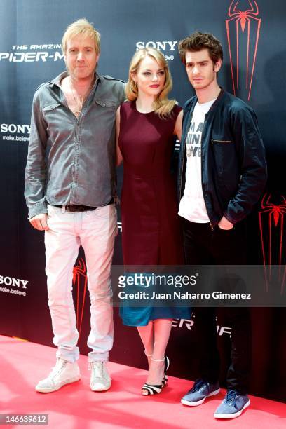 Actor Rhys Ifans, actress Emma Stone and actor Andrew Garfield attend 'The Amazing Spider-Man' photocall at Villamagna Hotel on June 21, 2012 in...