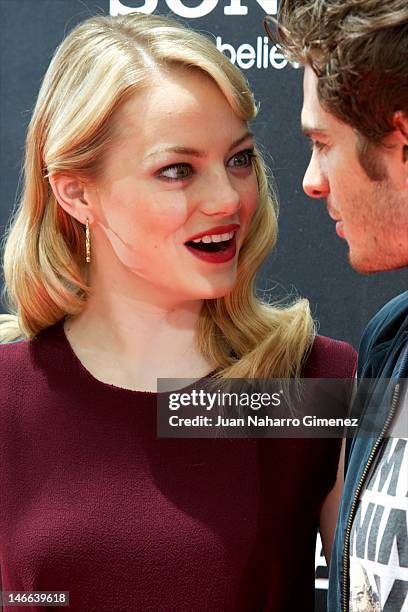 Actress Emma Stone and actor Andrew Garfield attend 'The Amazing Spider-Man' photocall at Villamagna Hotel on June 21, 2012 in Madrid, Spain.